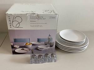 lot 110H image: Project 62 Avesta White Dinnerware Set with Salt Shakers - 12 Piece (Some Pieces Broken inside unopened box)
