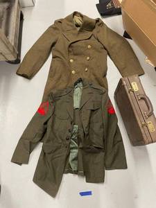 lot 110U image: Lot of 3 Vintage Military Coats with Buttons and Leather Briefcase