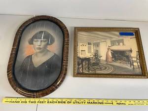 lot 113U image: Set of 2 Vintage Framed Photographs with Portrait and Interior Scene
