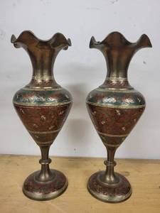 lot 4A image: Pair of Vintage Brass Vases with Multicolor Enamel Inlay