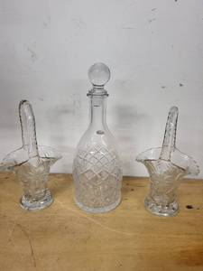 lot 8A image: Crystal Decanter with Diamond Cut Pattern and Two Matching Crystal Pitchers