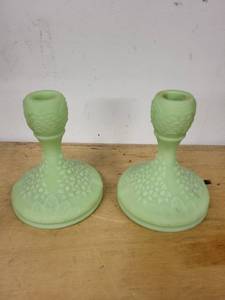 lot 9A image: Pair of Fenton Jadeite Glass Candle Holders with Floral Pattern