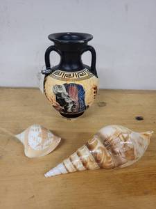 lot 14A image: Classic Greek Vase and Pair of Decorative Shells - Handcrafted in Greece and India