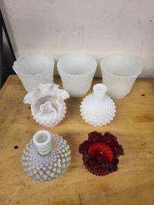 lot 1S image: Vintage Collection of 7 Vintage Hobnail Glass Vases, Milk Glass, Ruby Red, Opalescent, and Ruffled Edge