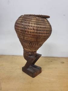 lot 2S image: Unique Handcrafted Tribal Figural Sculpture with Wood Carved Man and Coiled Woven Basket with Lid