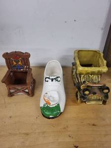 lot 3S image: Collection of 3 Vintage Ceramic Planters made in Japan Chair, Shoe with Glove, and Car