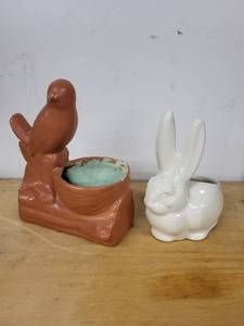 lot 5S image: Set of 2 Vintage Decorative Ceramic Planters - Bird and Rabbit Designs
