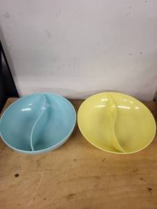Set of Sun Valley Turquoise and Windsor Yellow Melmac Divided Serving Bowls