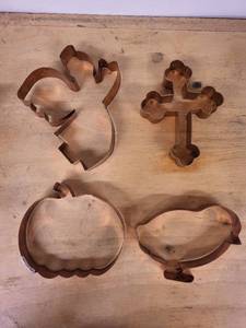 lot 22S image: Set of 4 Vintage Copper Cookie Cutters - Angel, Cross, Pumpkin, Bird