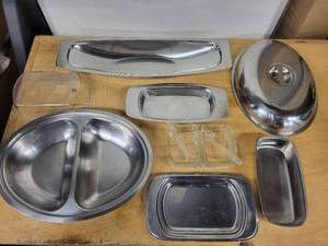 lot 40S image: Vintage Lot of 4 Stainless Steel Pieces, 1 Covered divided dish from Sweden, 1 long narrow serving tray from Denmark, 1 Butter dish with lid from Denmark, and 1 split jellyjam dish with spoons from Germany