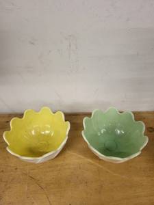 lot 44S image: Pair of Vintage Anchor Hocking Fire King Lotus Leaf & Blossom Bowls in Yellow and Green