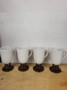 lot 48S image: Set of 4 Vintage Hall Pottery Mugs with Brown Footed  Pedestal Base #1273