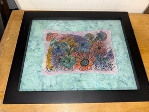 lot 251H image: Fantasy Flower #205 Batik Mount Fiber Art with Floral Design in Black Frame