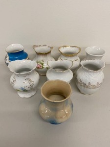lot 224H image: Set of 8 Vintage Porcelain Miniature Vases with Decorative Designs