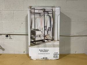 lot 336 image: Better Homes & Gardens Jace Freestanding Metal 2-Rod Garment Rack with 4 Wooden Shelves