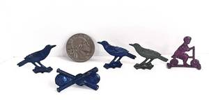 lot 7 image: 5 Antique Cracker Jack Charms Birds, Scooter and Baseball Bats