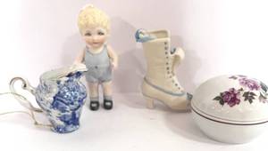 lot 31 image: Four Misc Vintage Pieces Covered Dish, Shoe, Pitcher