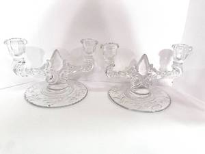 lot 33 image: Vintage Pair of Martinsville Viking Prelude Etched Candle Holders