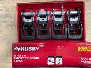 lot 73 image: Husky 12 ft. x 1 in. Ratchet Tie-Down Straps with S-Hook (4-Pack)