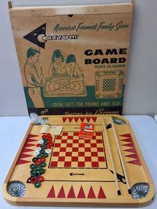lot 13 image: Vintage Carrom Wood Game Board Table Set Plays 54 Games