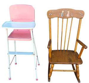lot 14 image: Vintage 1960s  Doll-E- Metal  High Chair in classic pink & white & 1950s Oak Hill ChildsToddler Rocker Colonial Style