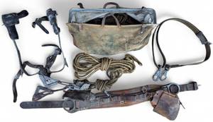 lot 17 image: Vintage KLIEN Tool Bag with tools, pulleys, Brooks  Pole & Tree Climbers  & KLINE Tool Belt