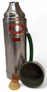 lot 19 image: Vintage - 1983 USA  Made UNO-VAC Unbreakable Stainless Steel Insulated Thermos wLid Cup and Handle