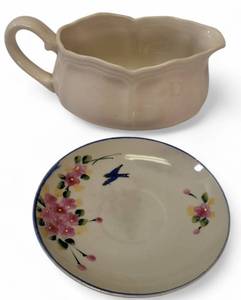 lot 27 image: Federalist Ironstone - Gravy Bowl  & Hand Painted Japan Porcelain with flowers and blue bird decor