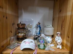 lot 8 image: MCM Copper sugar and creamer set, Art deco Masks, Nurse Shelf Sitter figurine, and more