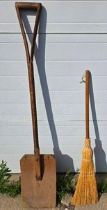 lot 50 image: antique handmade wooden shovel and witchs broom  vintage or primitive hearth broom, also sometimes referred to as a witchs broom due to its traditional appearance.