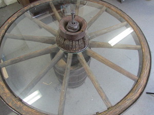 lot 65 image: Original Wood Wagon Wheel w Shaft Table