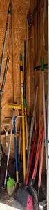 lot 24 image: Collection of Lawn and Garden Tools including Shovels, Brooms, and Rakes
