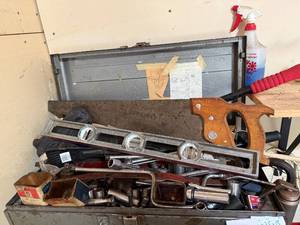 lot 28 image: Assorted Hand Tools Set with Hand Saw and Level