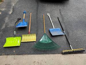 lot 50 image: Assorted Yard Tools Collection - Shovels, Rake, and Broom