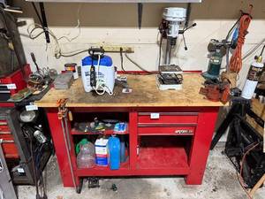 lot 51 image: Waterloo Red Metal Workbench with Storage Shelves - Contents Not Inc