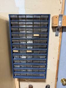 lot 62 image: Blue Metal Wall-Mounted Storage Bin with Assorted Hardware