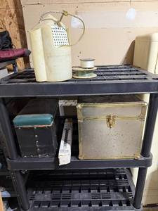 lot 70 image: Vintage Workshop Items Lubricator, Fishing Line, and Storage Boxes - shelf not inc