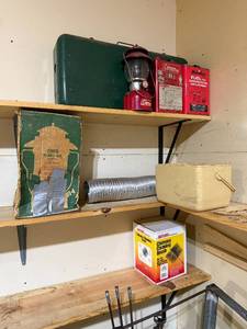 lot 74 image: VTG Coleman Camp Stove, Lantern and Maintenance Equipment - shelving not included