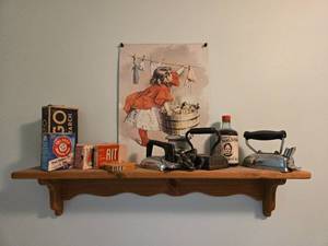 lot 85 image: Vintage Laundry Room Decor Set with Irons and Retro Sign