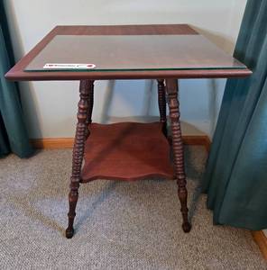 lot 121 image: Antique Wooden Side Table with Partial Glass Top