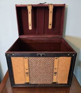 lot 122 image: Vintage Decorative Trunk with Leather Straps and Woven Design