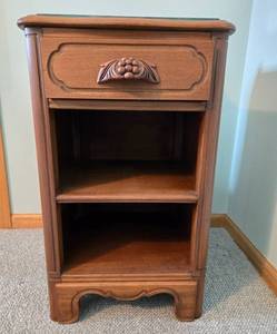 lot 123 image: Vintage Wood Nightstand with Glass Top and Single Drawer