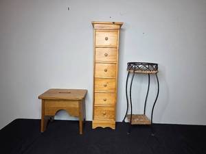 lot 154 image: Set of Wooden Step Stool, Tall Narrow Dresser, and Metal Plant Stand