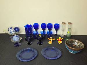 lot 160 image: Eclectic Set of Blue Glassware and Collectibles with Disney Figurines