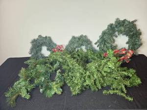lot 165 image: Set of Holiday Wreaths & Garland with Decorative Ribbon