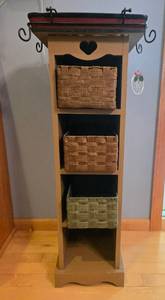 lot 172 image: Tall Wooden Shelf with Baskets and Decorative Tray