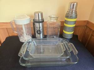 lot 174 image: Collection of Glass Bakeware, Pitcher, and Vintage Thermoses