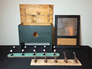 lot 180 image: Decorative Wooden Storage Chest with Coat Racks and Magnetic Notice Board