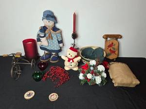 lot 184 image: Festive Holiday Decoration Set Including Snowman Figurine, Doll, and Ornaments
