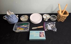 lot 203 image: Assorted Household Items Including Teapot with Warmer, Silver-Tone Bowls, and Kitchen Utensils